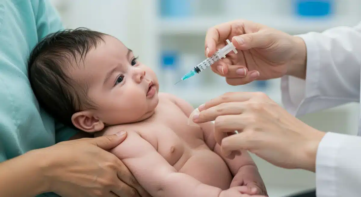 Pediatrician administering vaccine to calm infant with parent's hand