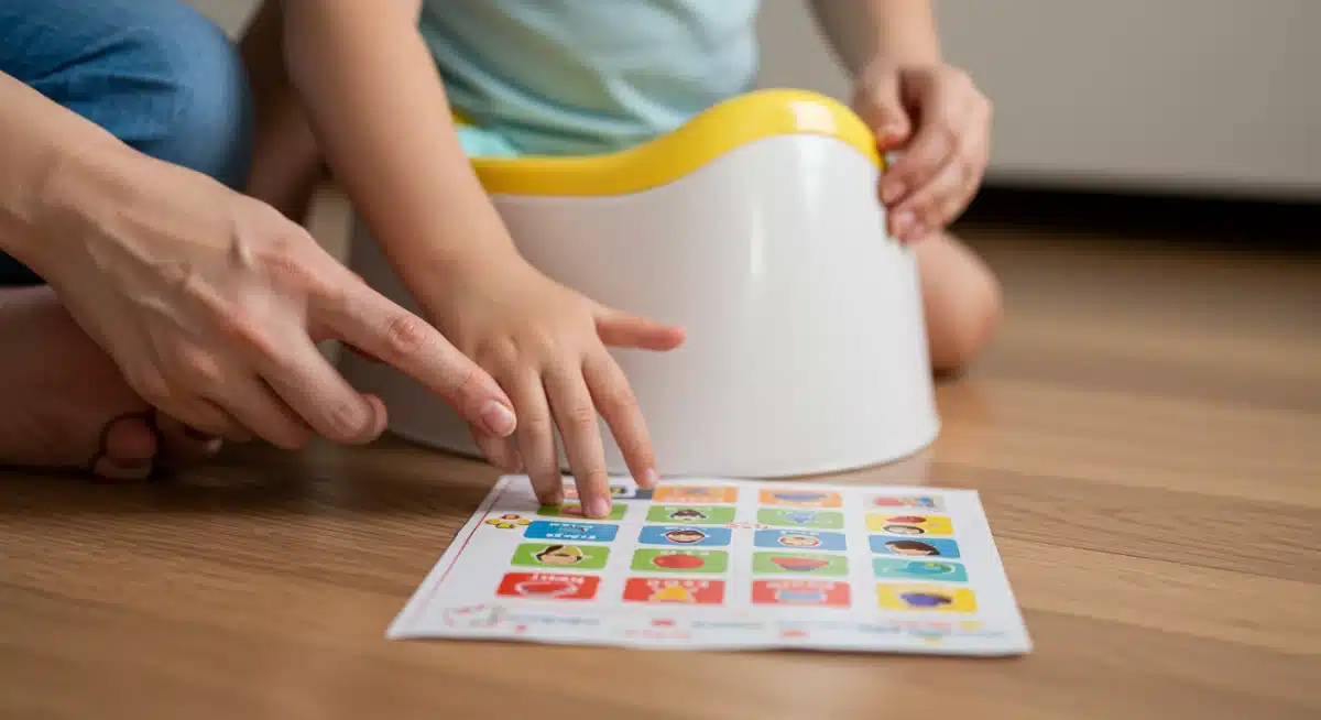 Parent and child using a potty training reward chart