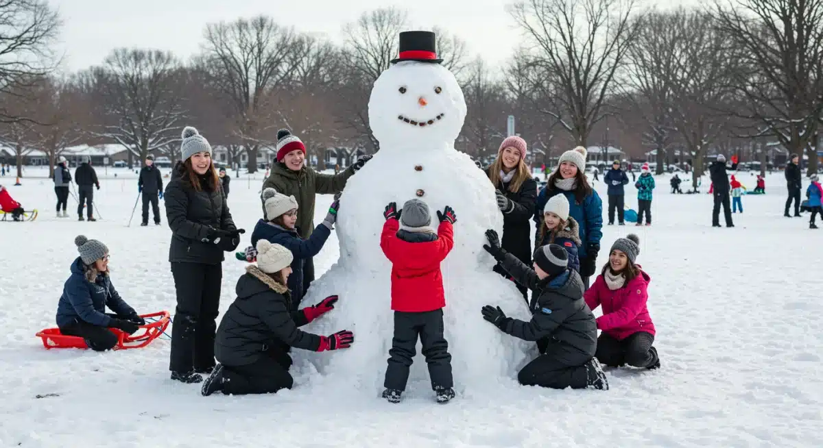 Family and friends building a large, creative snowman together in a park