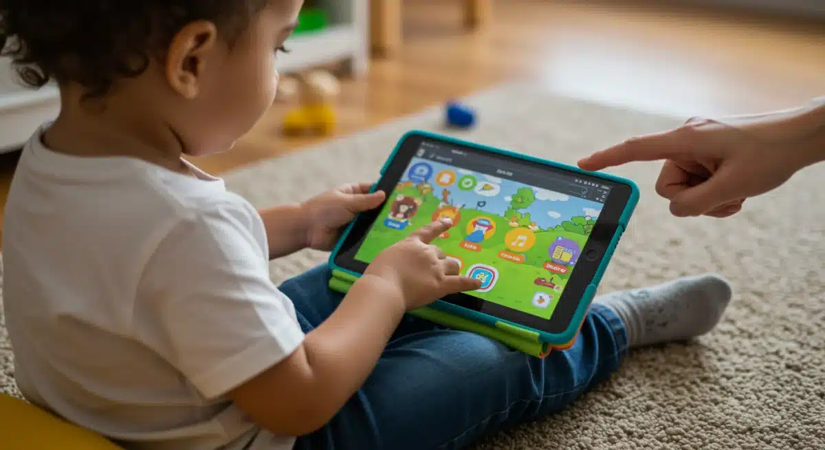 Toddler engaged in educational content on a tablet with parental guidance