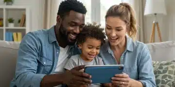 Parents and toddler interacting positively with a tablet