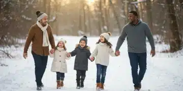 Family enjoying a snowy winter walk in the forest, joyful and well-dressed