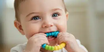 Baby happily chewing on a silicone teething toy