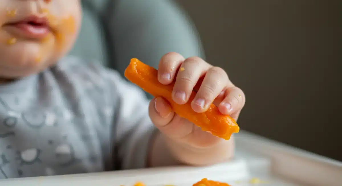 Baby's hand holding soft cooked carrot stick for baby-led weaning