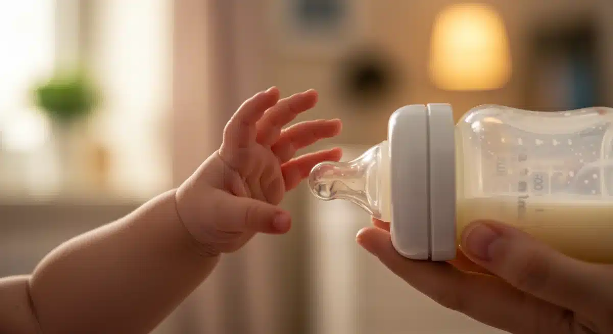 Baby's hand reaching for a warm feeding bottle