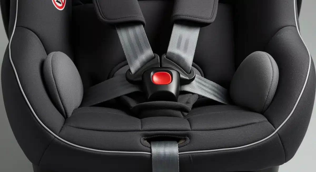 Close-up of car seat five-point harness system for infant safety
