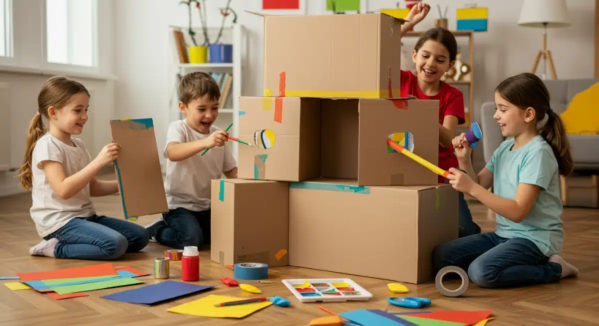 Children building a fort with cardboard boxes and craft supplies