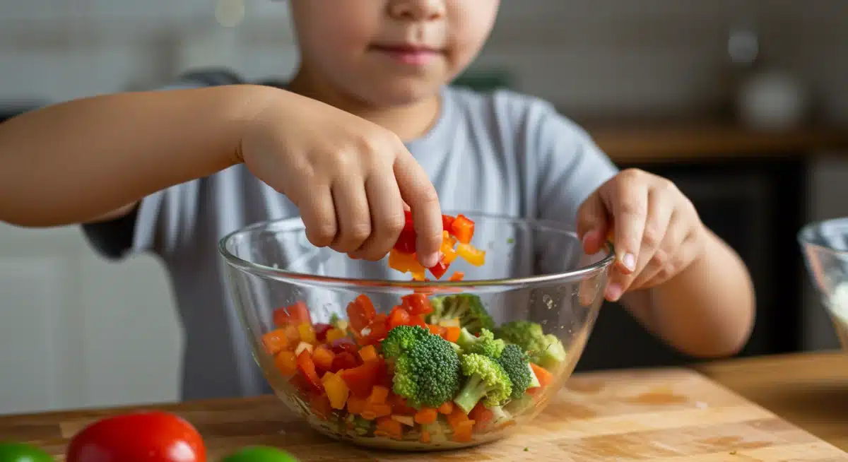 Child's hands adding chopped vegetables to mixing bowl
