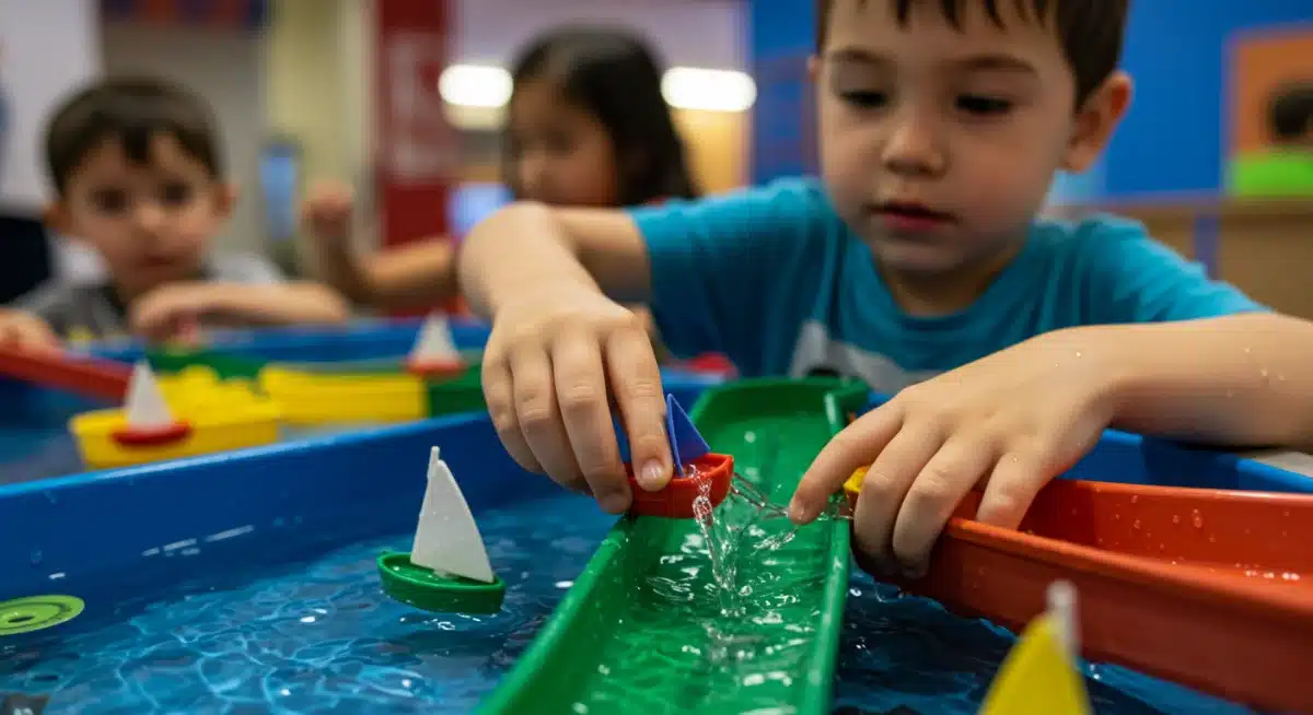 Child's hands playing with a water flow exhibit at a children's museum, learning about fluid dynamics.