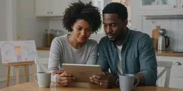 Couple calmly discussing co-parenting schedules at kitchen table