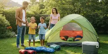Family setting up a tent for backyard camping, smiling and having fun