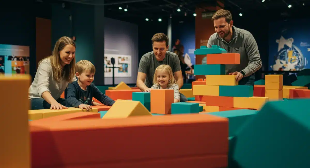 Family building a structure with oversized foam blocks in a museum's interactive creation zone.