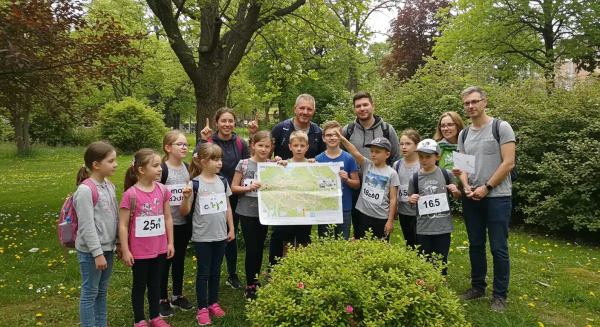 Family scavenger hunt in a park, children and adults looking for clues