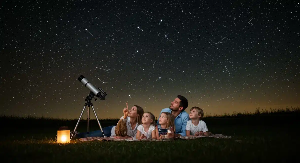 Family stargazing at night with a telescope in a field