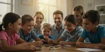 Happy siblings playing together in a harmonious home setting, parents observing with smiles.