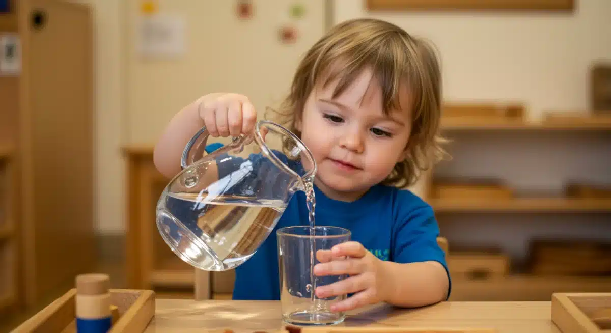 Child performing Montessori practical life activity with pitchers