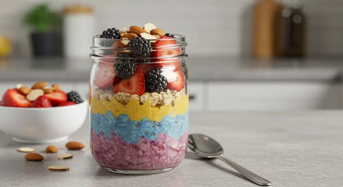 Overnight oats in a jar with berries and nuts, ready to eat