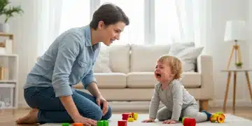 Parent comforting crying toddler during a tantrum, showing empathy and gentle guidance.