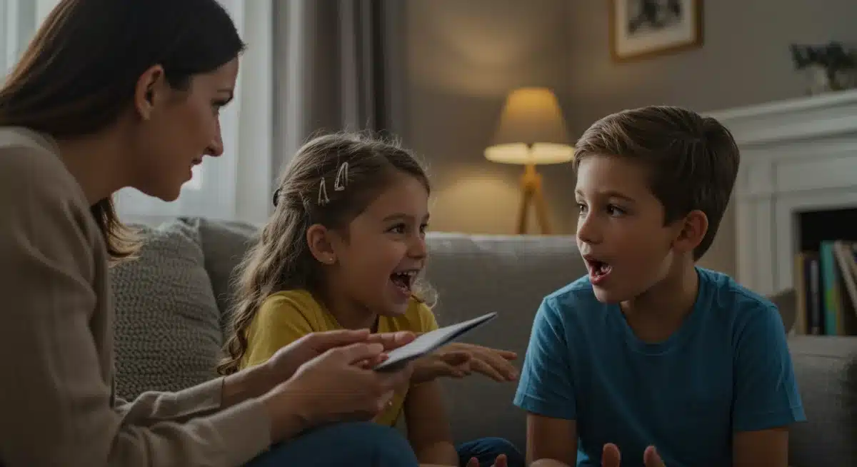 Parent actively listening to children, mediating a discussion, fostering open communication.