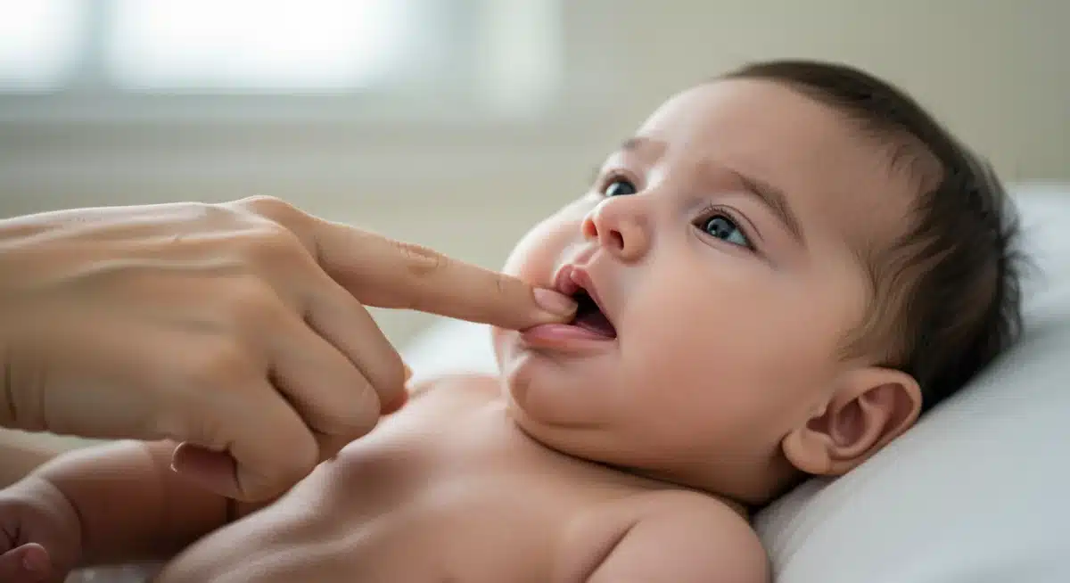 Parent gently massaging baby's gums