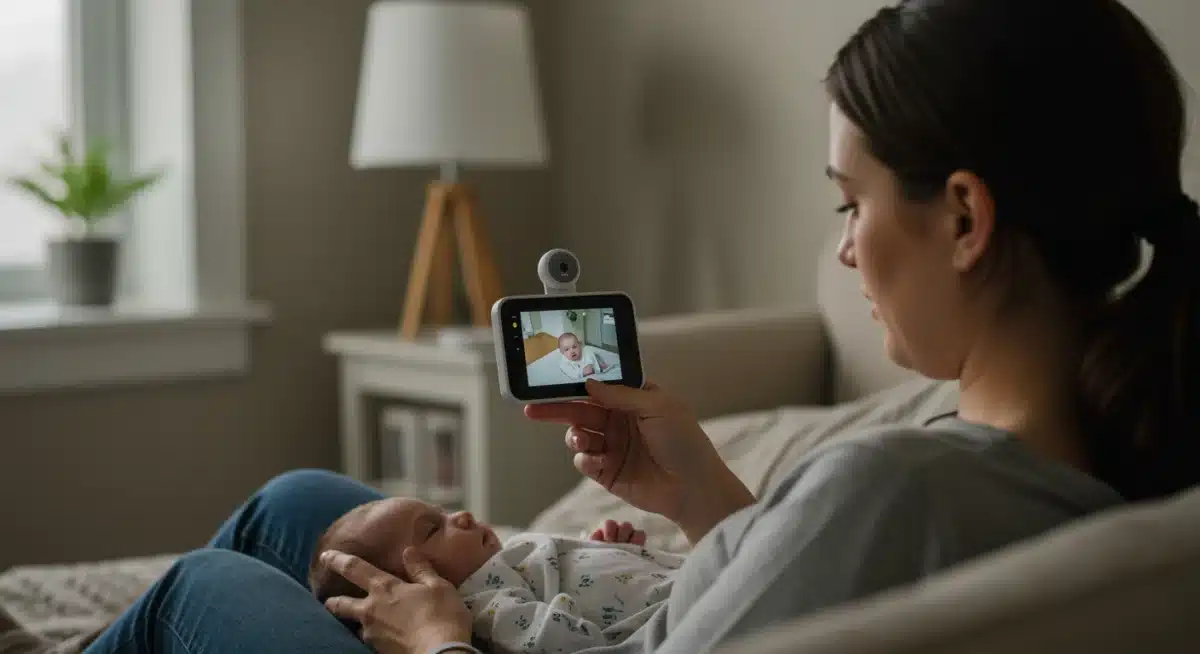 Parent monitoring baby using baby monitor during sleep training