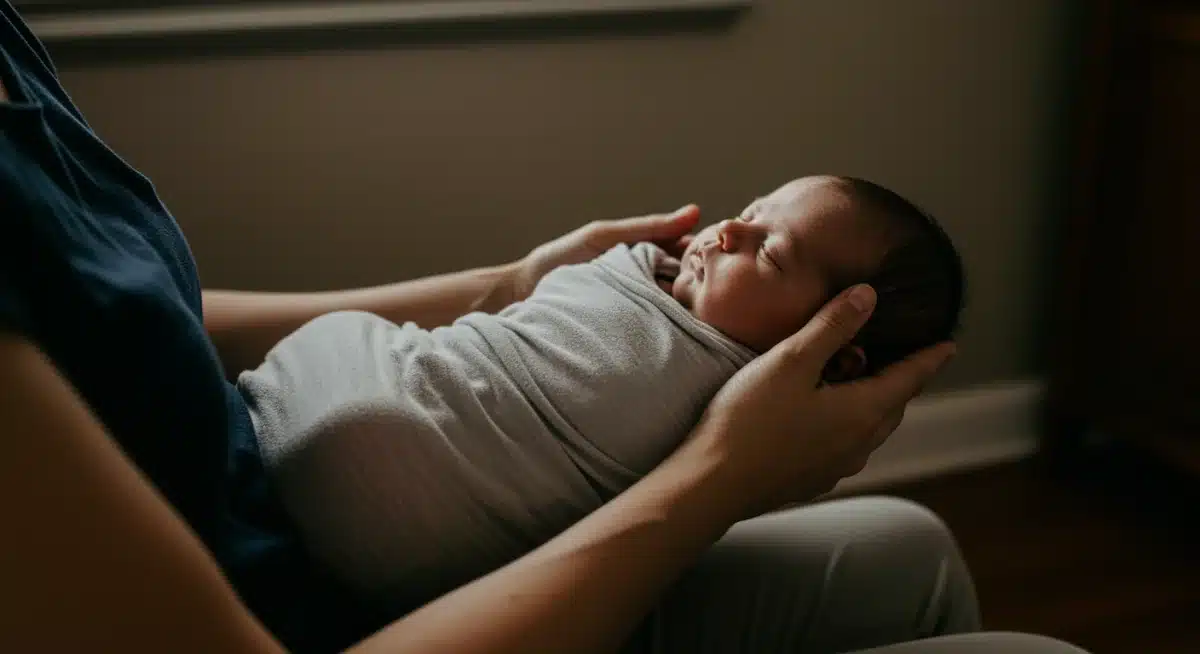 Parent gently rocking a swaddled baby to sleep