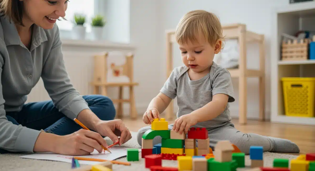 Parent and toddler happily engaged in a calm activity, illustrating positive interaction.