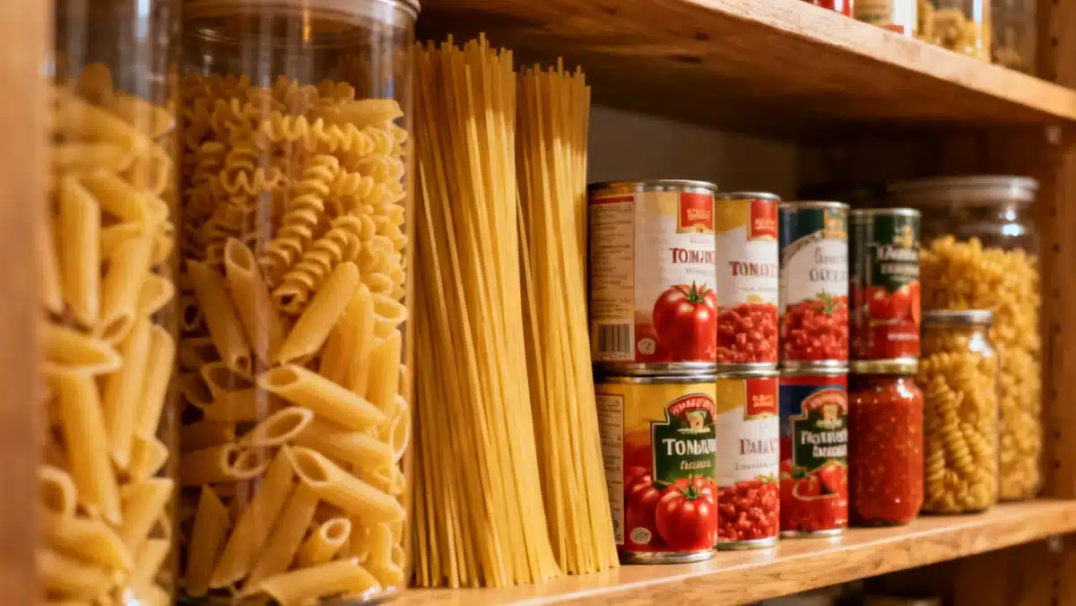 Dried pasta and canned tomatoes for quick meal preparation