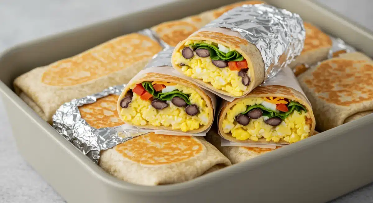 Prepared make-ahead breakfast burritos stacked in a container