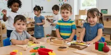 Children learning in a diverse preschool classroom with various educational materials