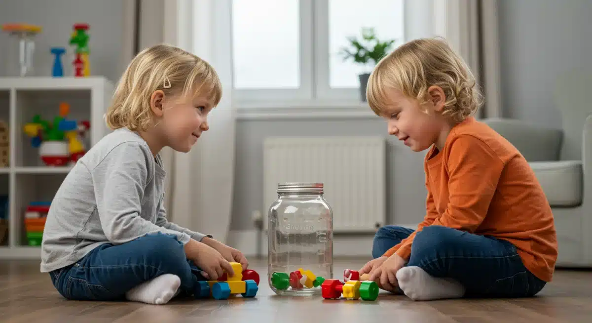 Siblings learning to share a toy, using a visual aid for turn-taking, demonstrating conflict resolution.