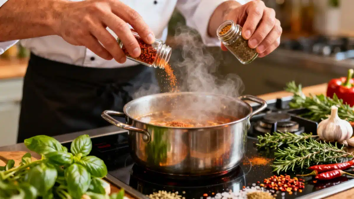 Hands adding spices to a pot, surrounded by fresh herbs