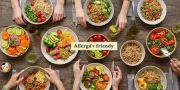 A beautiful spread of allergy-friendly family meals, showcasing a variety of healthy and colorful dishes suitable for diverse dietary needs.