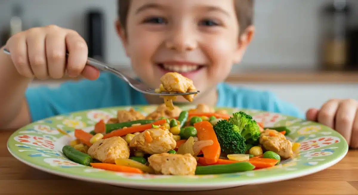Child enjoying a delicious and safe gluten-free and dairy-free chicken and vegetable stir-fry.