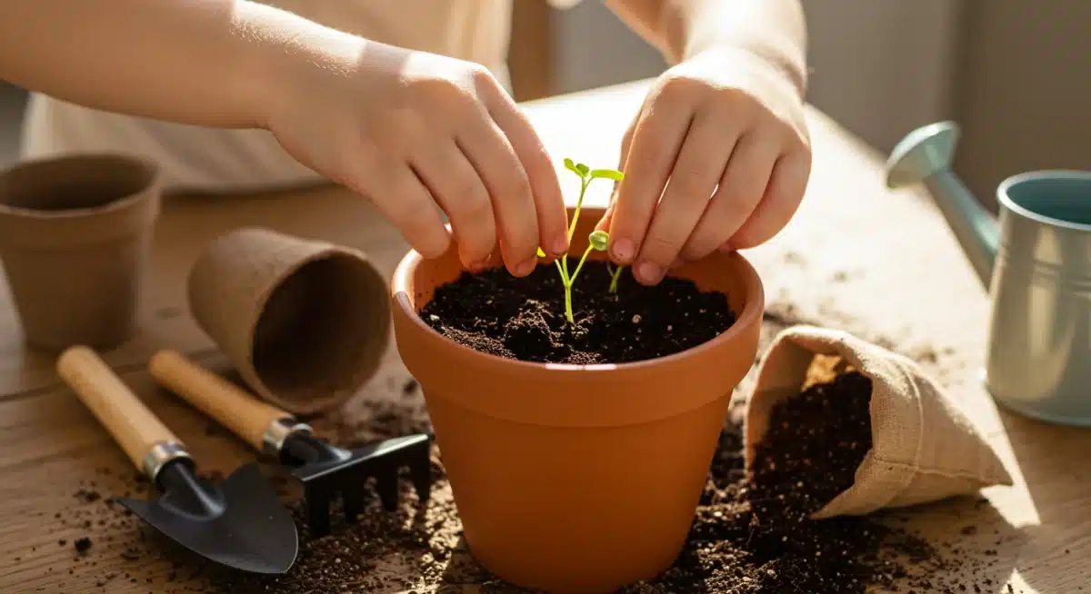 Child planting seeds in a pot for a spring gardening project
