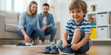 Young child independently putting on shoes, fostering self-reliance