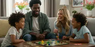 Happy family enjoying a board game during a spring staycation at home