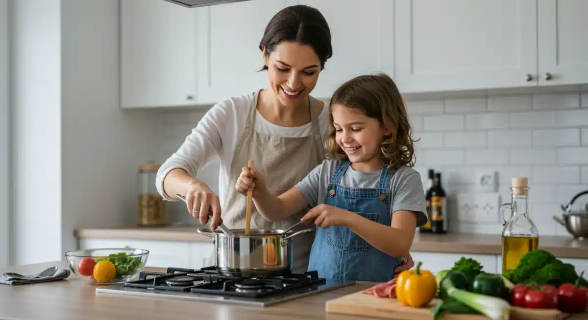 Parent and child cooking a quick, healthy dinner together.