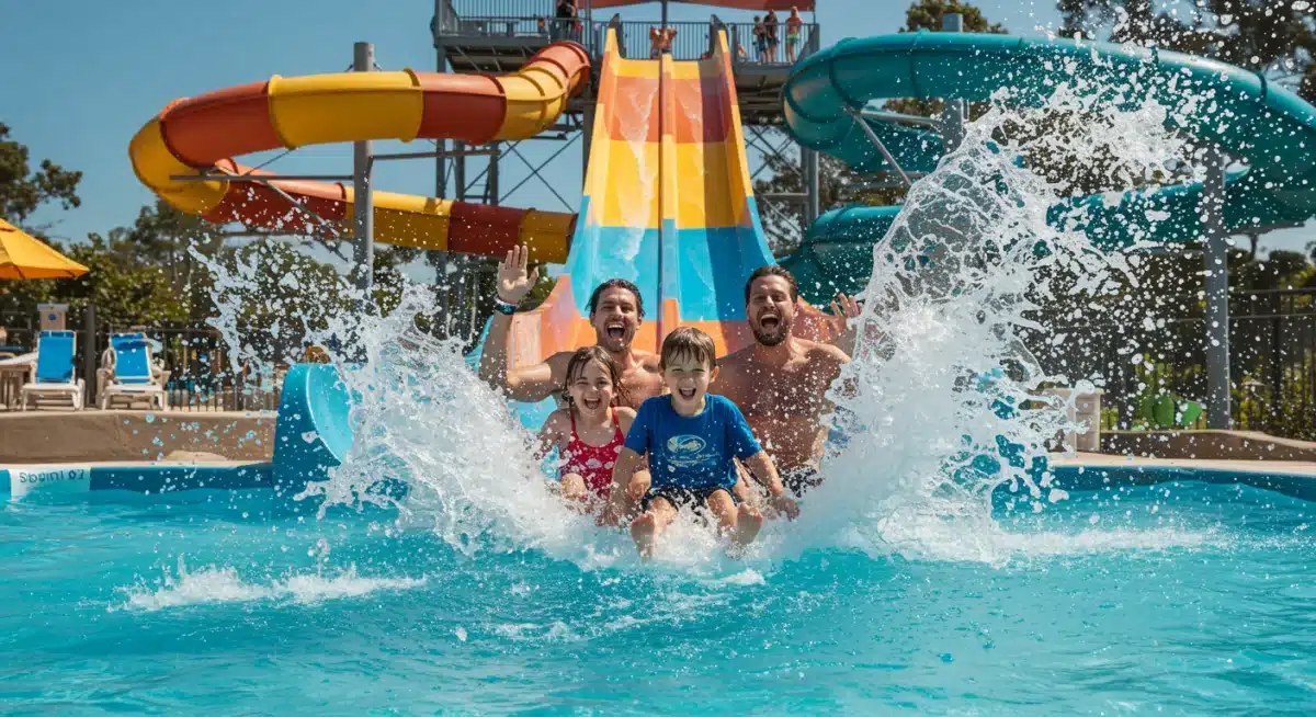 Family enjoying a thrilling water slide with colorful features at a newly opened adventure park.