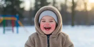 Happy toddler in winter clothes playing in snow