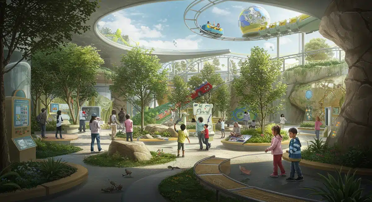 Children and parents enjoying interactive exhibits and a gentle roller coaster ride at a new adventure park.