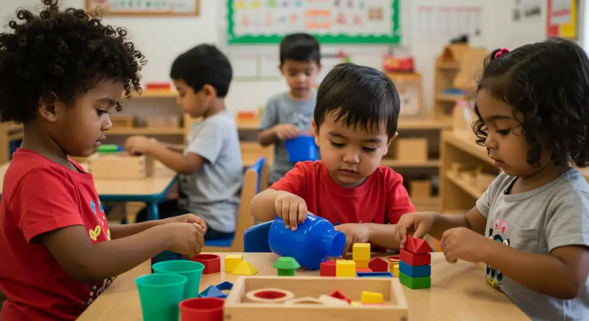 Children engaged in self-directed learning activities in a Montessori setting