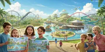 Families excitedly planning a trip to a new adventure park with roller coasters and water slides in the background.