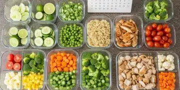 Organized meal prep containers with healthy ingredients for quick dinners.