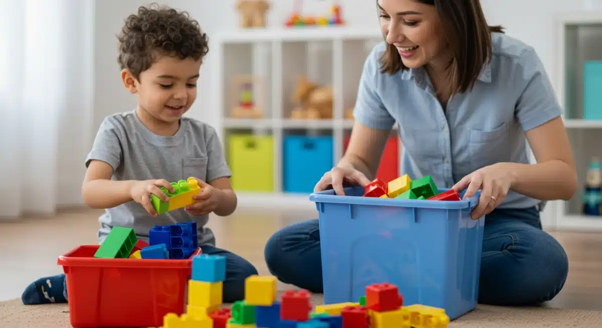 Parent and child cleaning up toys together, promoting responsibility