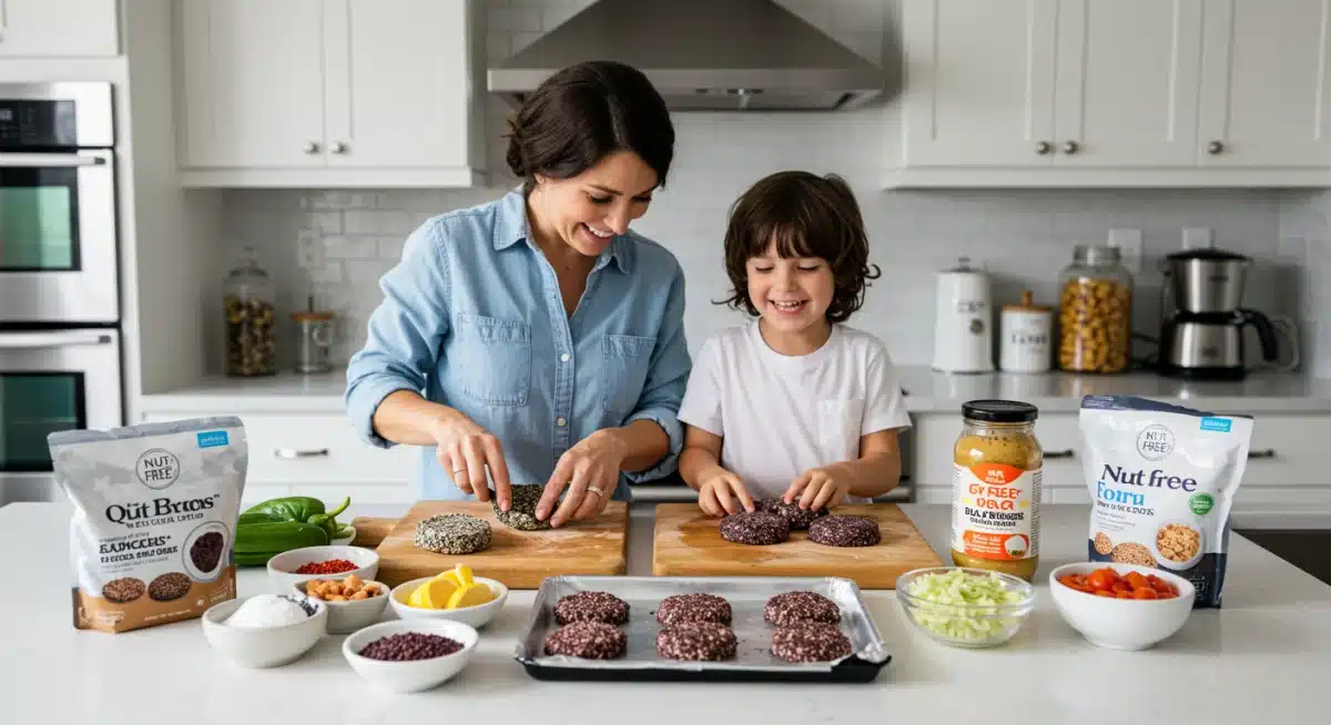 Parent and child preparing nut-free and egg-free quinoa and black bean burgers in a bright kitchen.