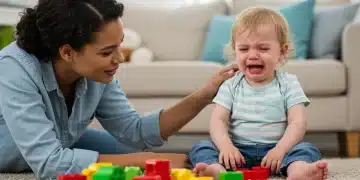 Parent comforting distressed toddler during a tantrum in a living room.