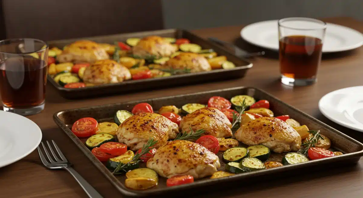Delicious and healthy 30-minute sheet pan chicken and vegetable dinner.
