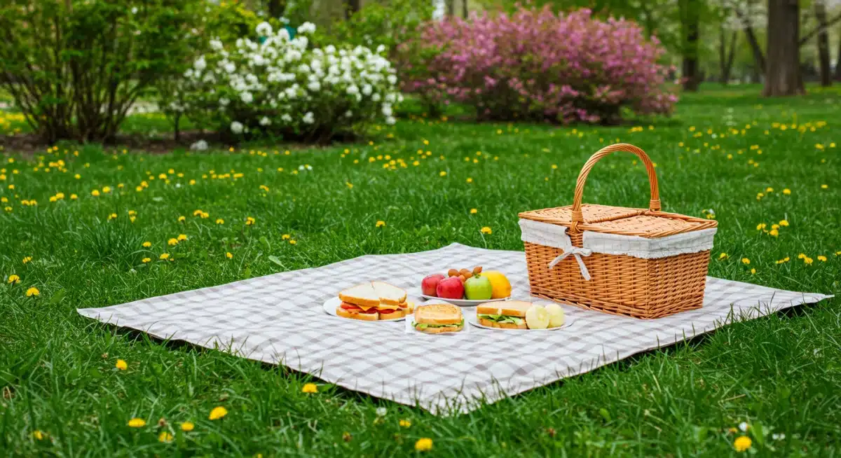 Family picnic in a park surrounded by colorful spring flowers