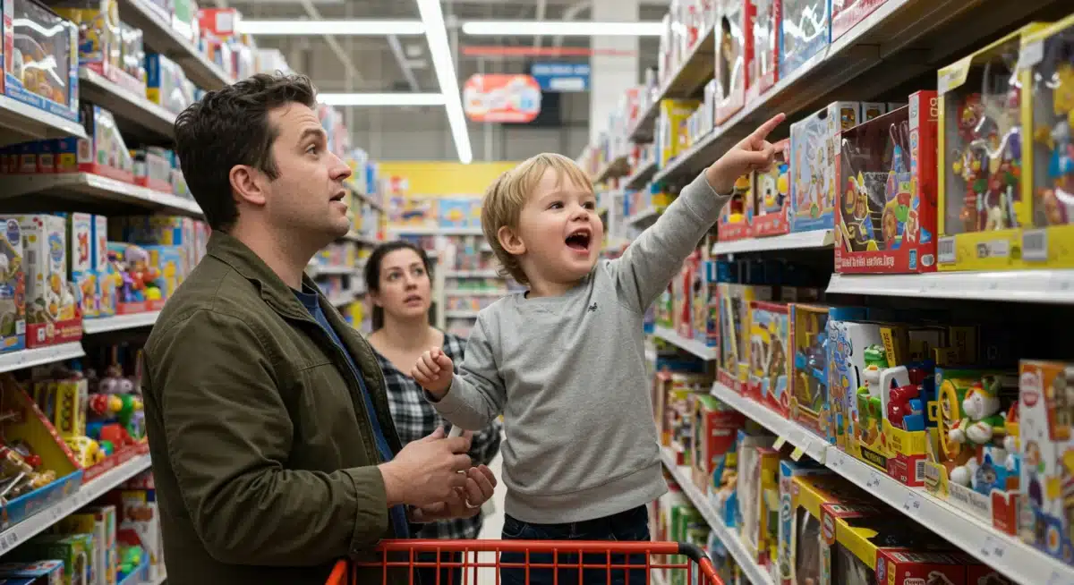 Toddler expressing strong desire for a toy on a shelf.